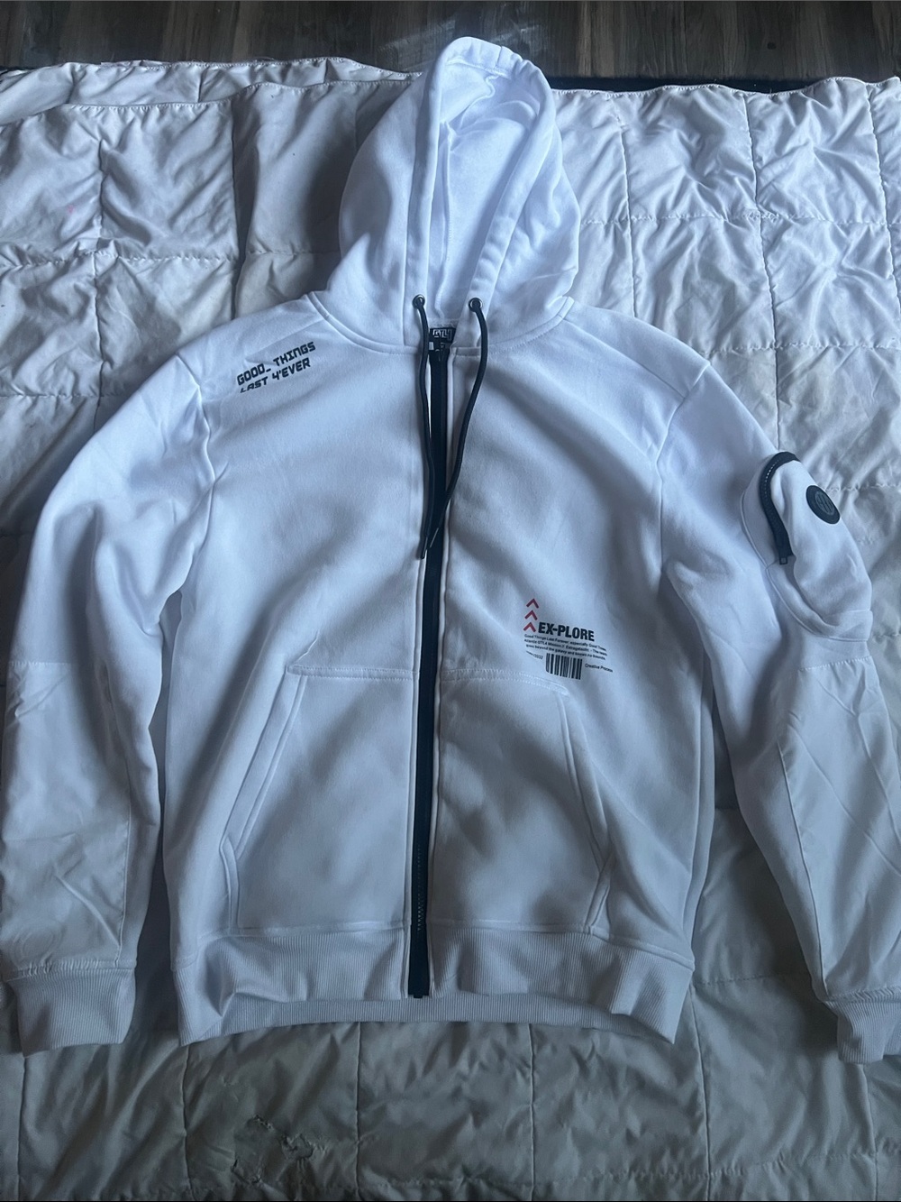 MEN’S WHITE GOOD THINGS LAST FOREVER ZIP UP HOODIE